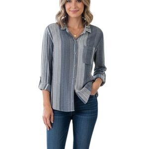 Anthropologie Maeve Striped Button Front Long Sleeve Shirt Large Grey Classic